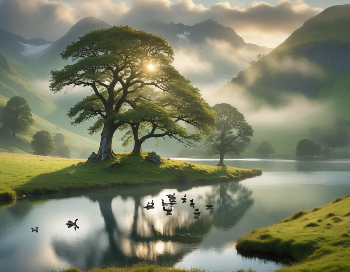 Lone Oak Tree Island in Misty Glacial Valley