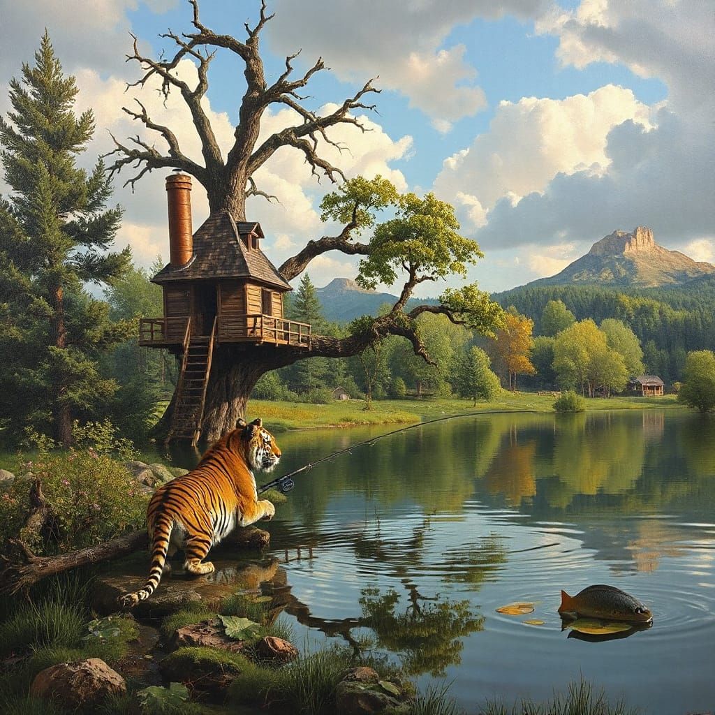 Tiger Fishing from Treehouse Pond in Epic Oil Painting Style