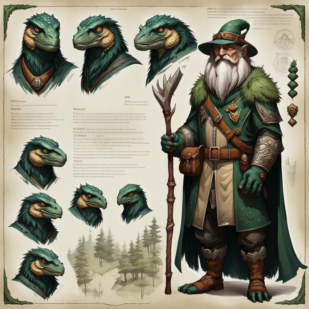 Dwarf Druid Character Sheet with Velociraptor