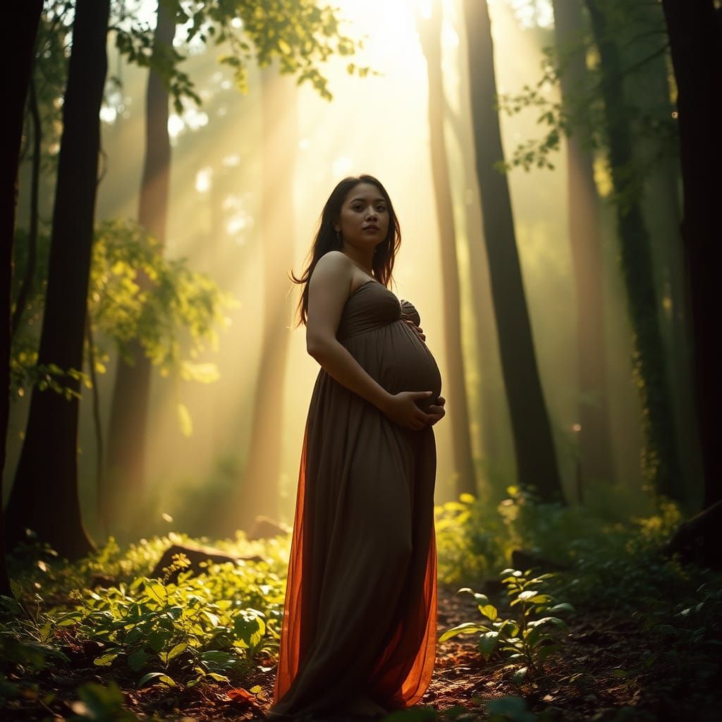 Pregnant Woman in Dreamlike Forest: Cinematic Film Still