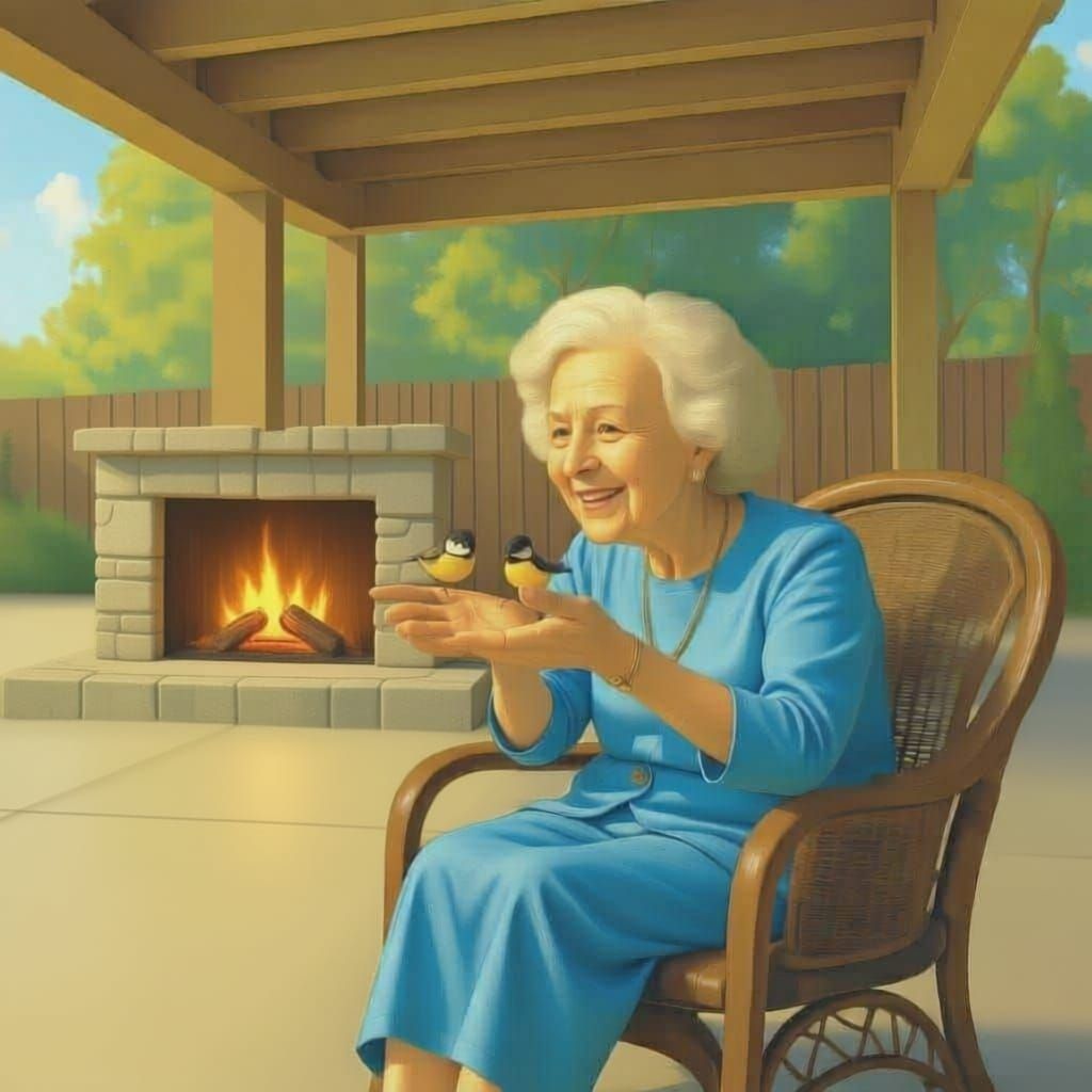 Woman Feeding Chickadees on Sunny Patio