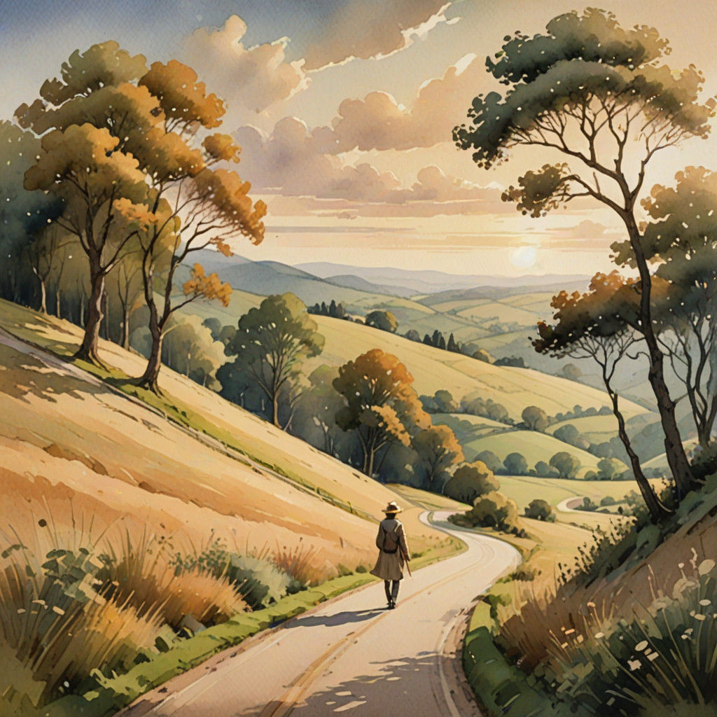 Surreal Countryside Idyll in Watercolor-Inspired Digital Art