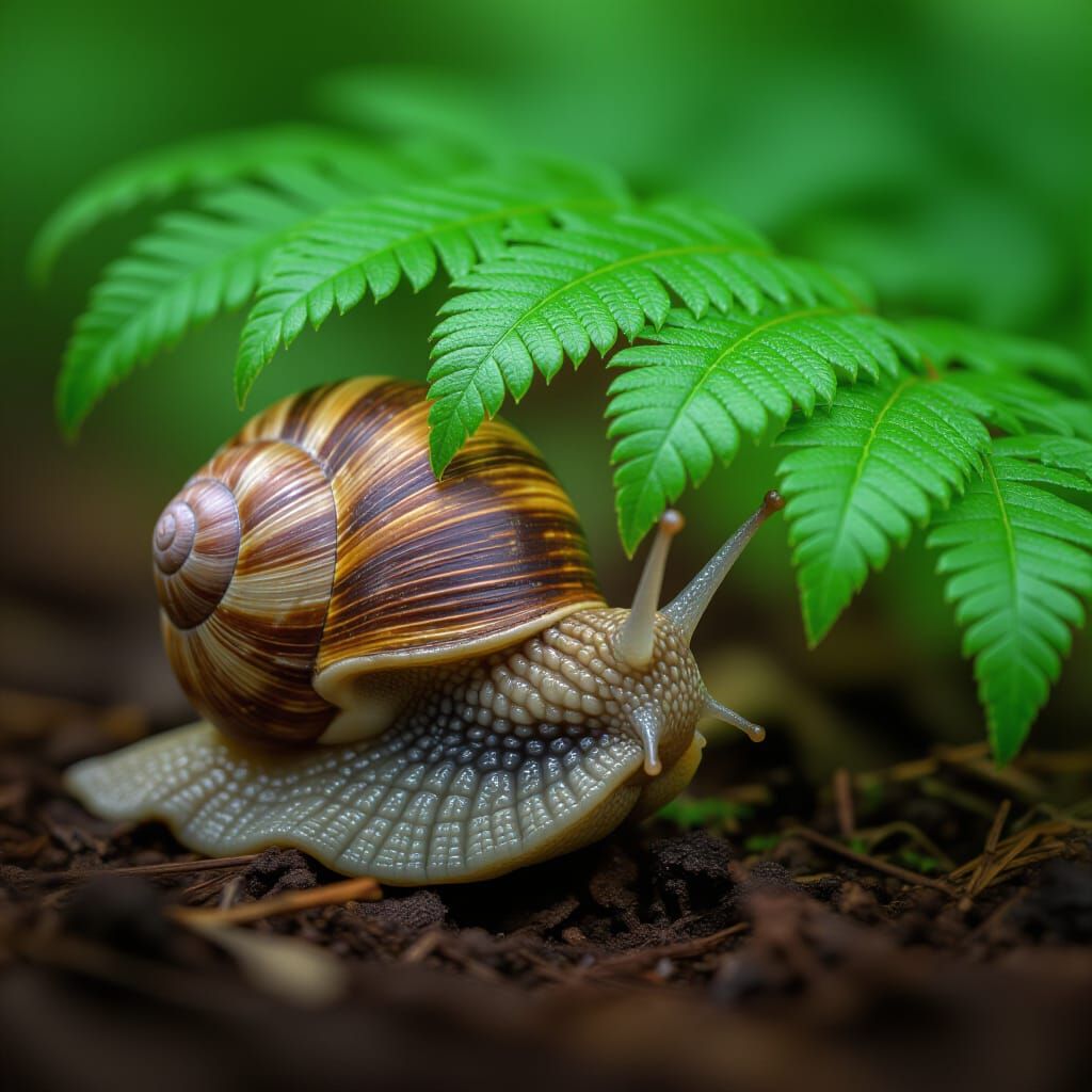 Curious Snail Exploring Under a Fern Frond