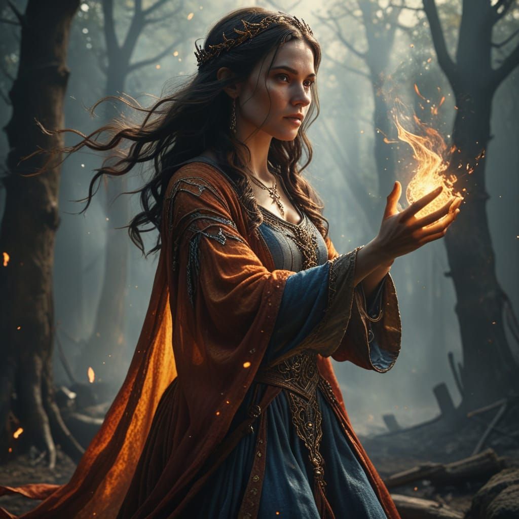A Sorceress Unleashes a Fiery Blast in a Medieval Masterpiec...