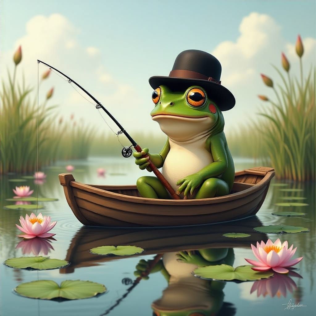 Frog in Whimsical Lake Scene