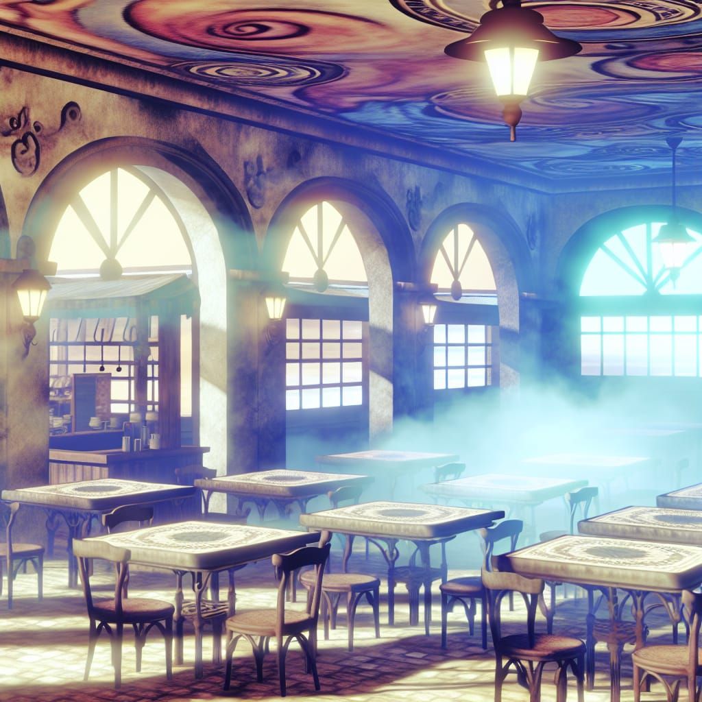 Quaint Coffeeshop Scene in Morning Mist