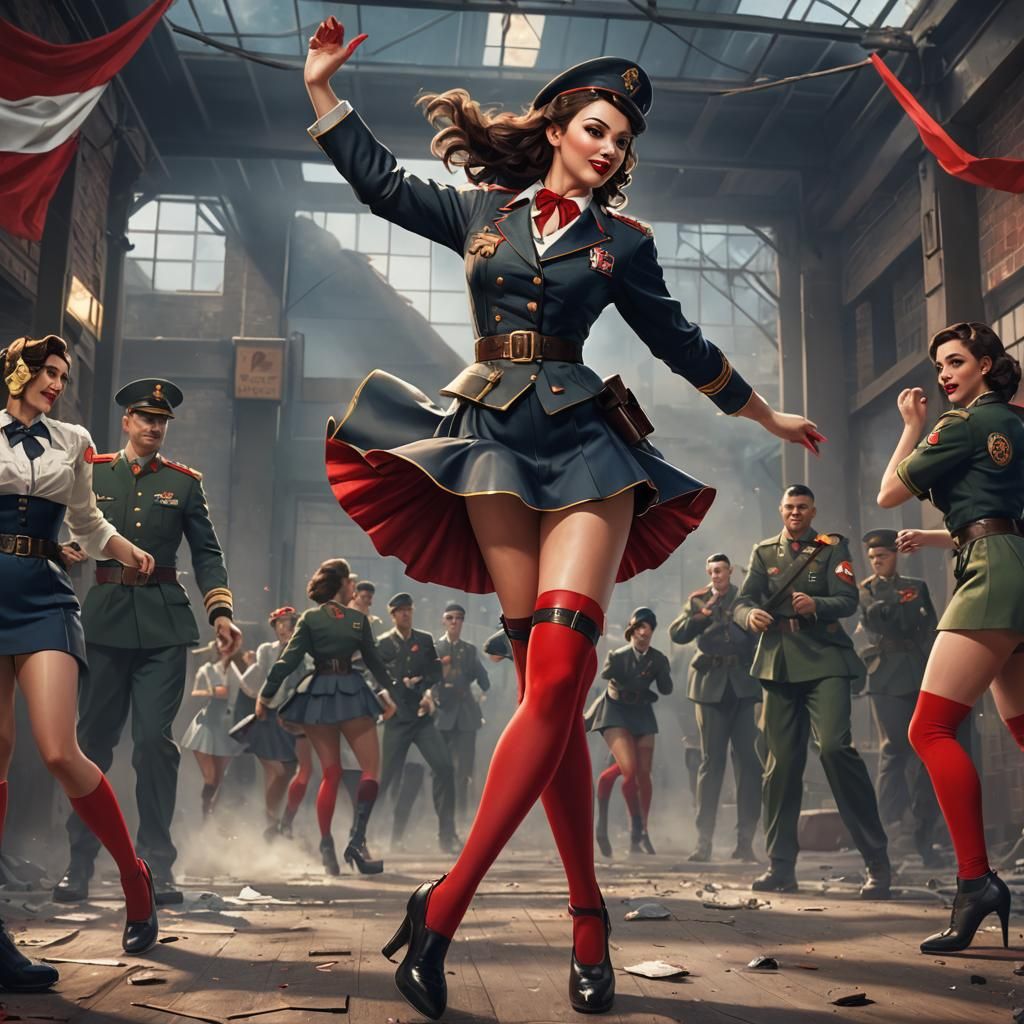 Brunette Pin-Up Dancer in Military Uniform, Digital Art