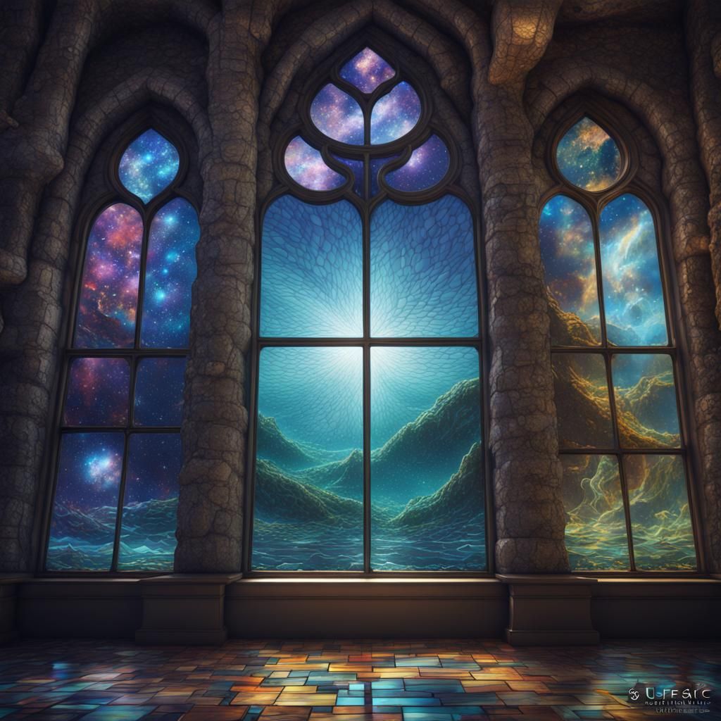 Surreal Stained Glass Galaxy Church Under Lake