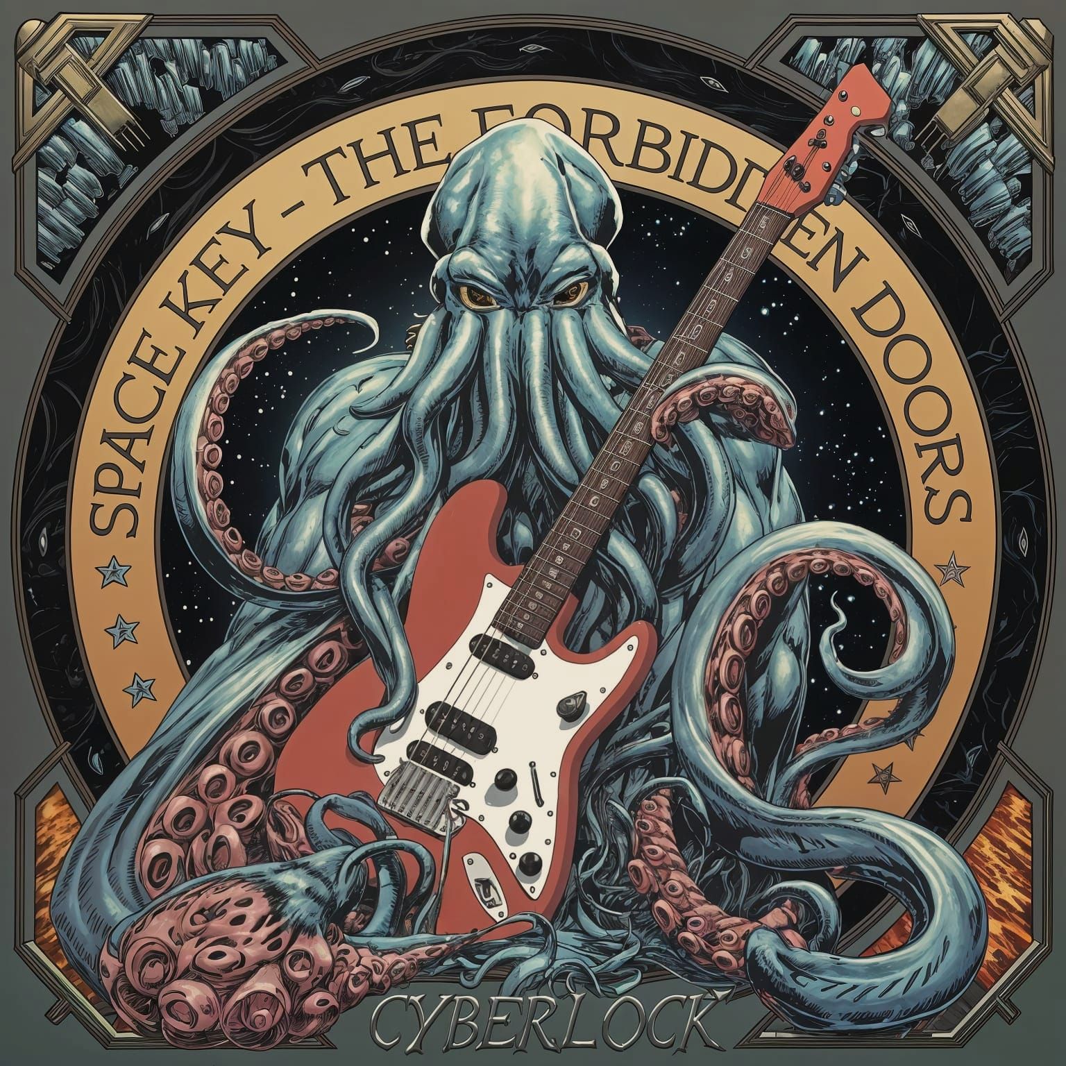 Cthulhu Guitar Monster Album Cover in Cyberpunk Style