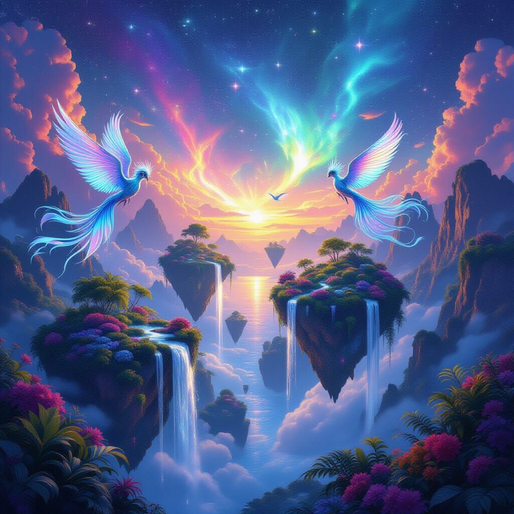 Cosmic Floating Gardens with Crystal Waterfalls