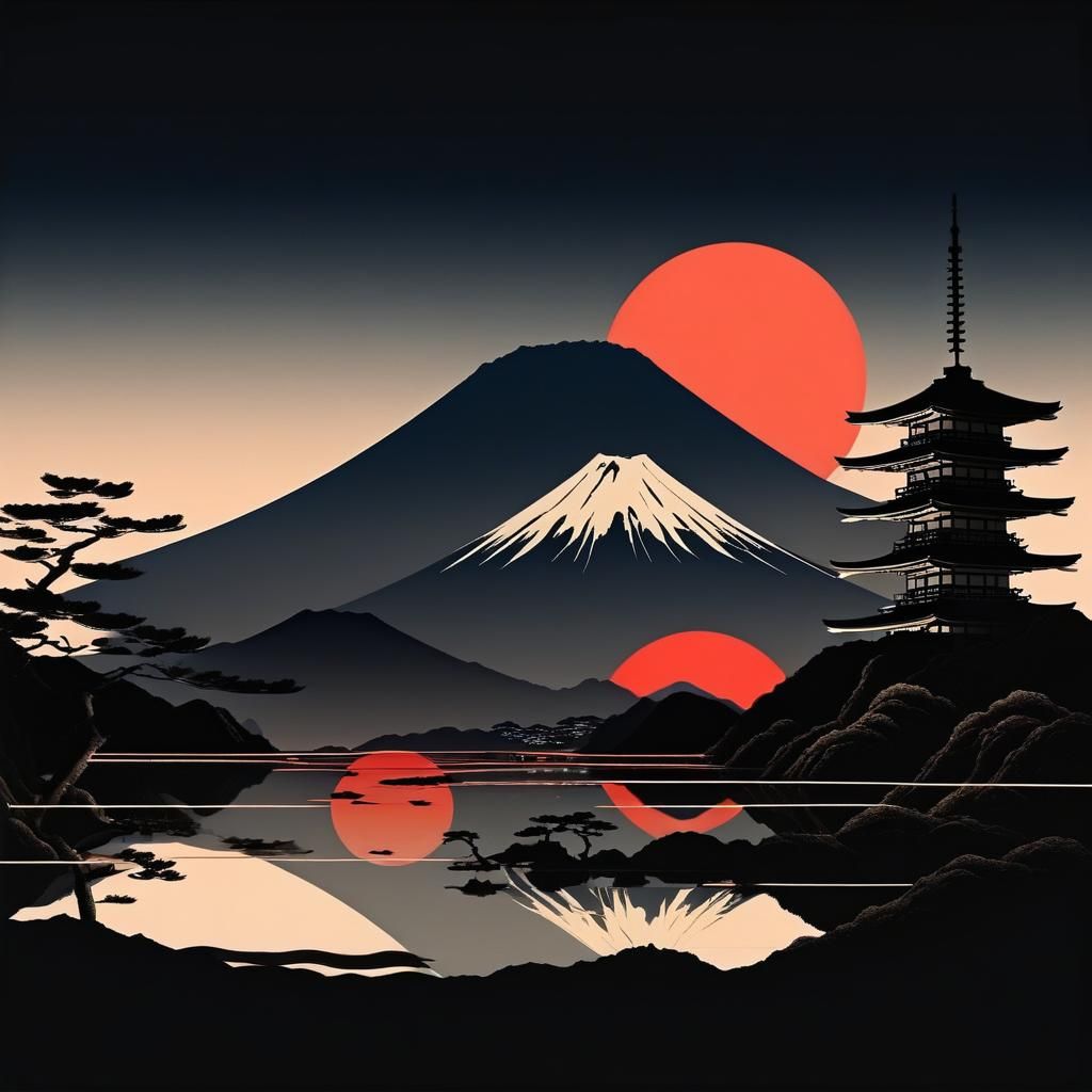 Minimalist Japanese Scenes Collage with Bold Outlines
