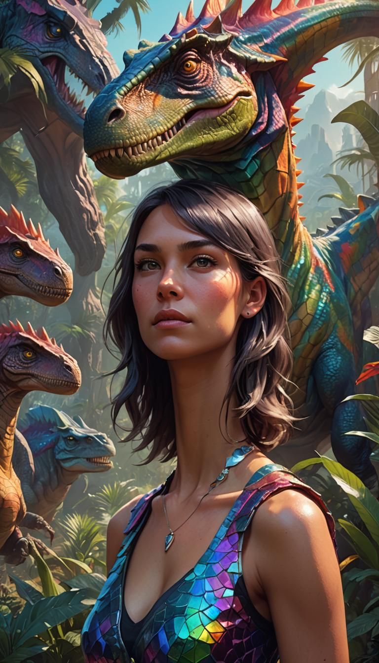 Dinosaur-Woman Hybrid Portrait in a Fantastical Setting
