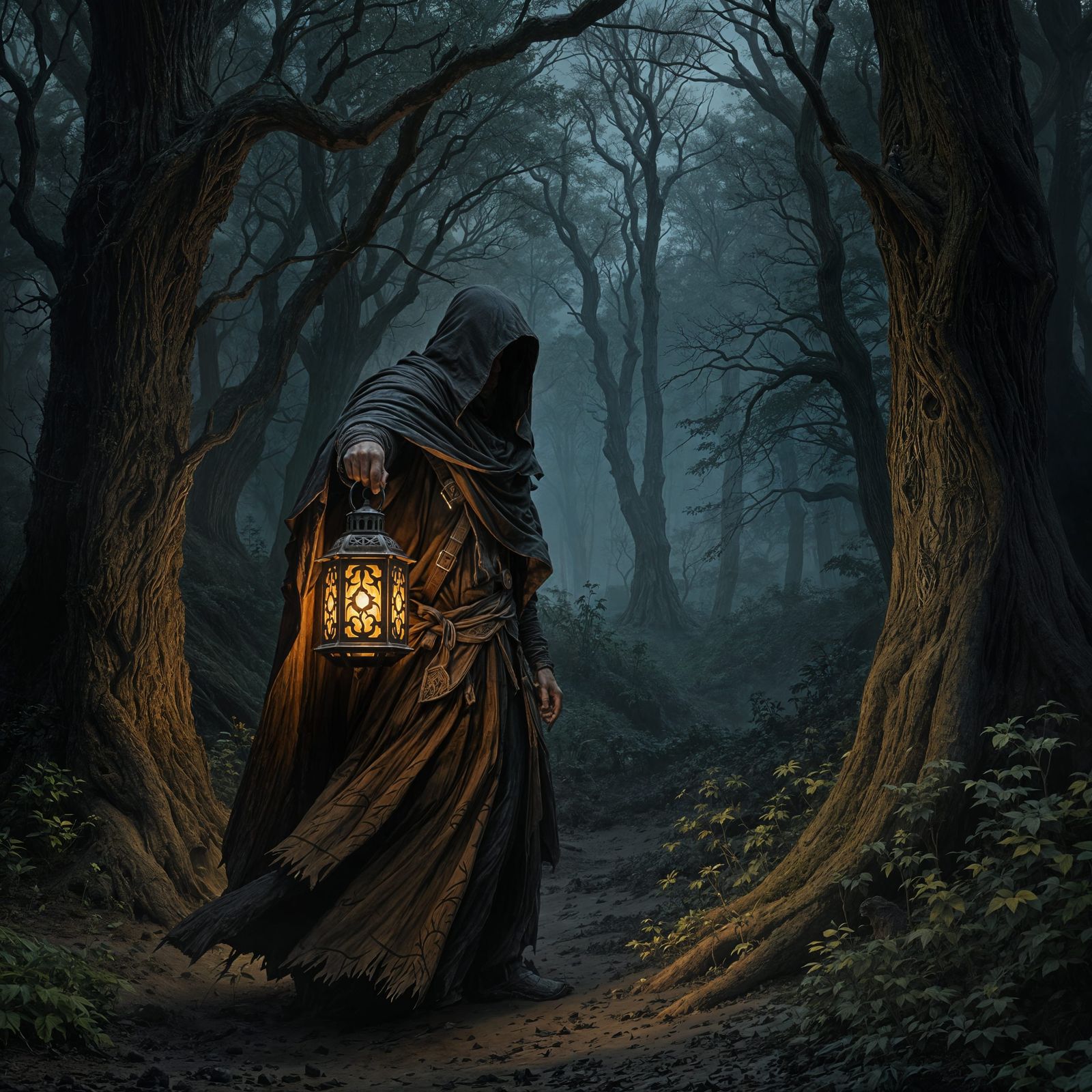 Solitary Traveler in Ancient Forest: Dark Fantasy Art