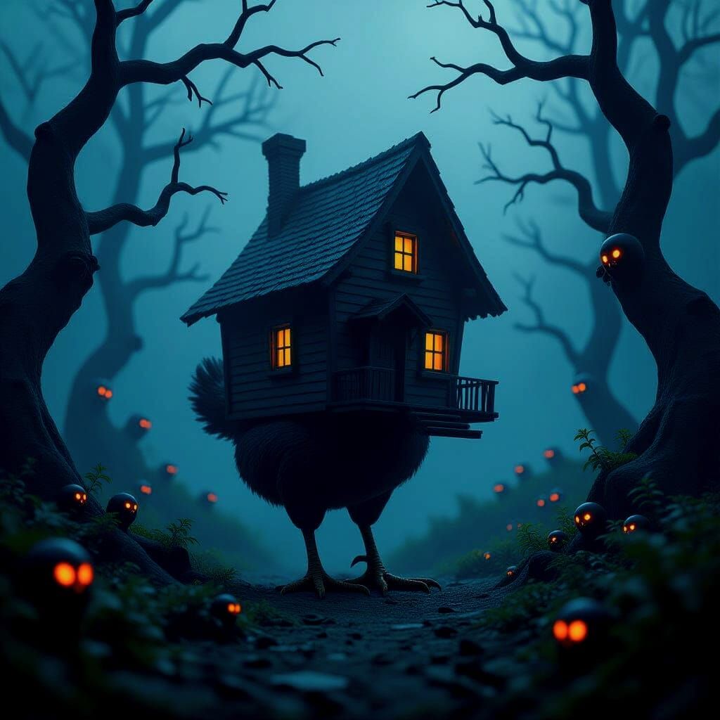 Creepy House on Chicken Legs in Foggy Forest