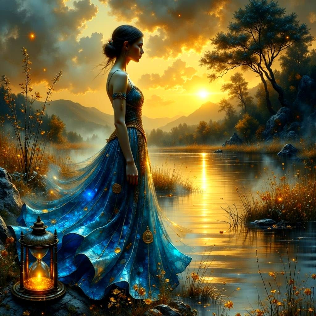 Love Unfolds Through a Shattered Hourglass in a Golden, Blue...