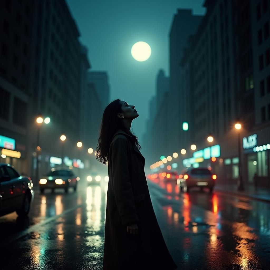 Dreamy City Night: Woman Gazing at Stars