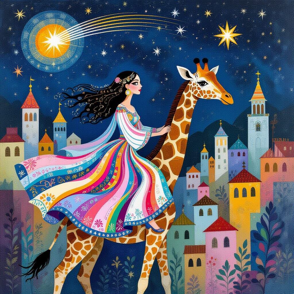 Woman Rides Giraffe Through Cubist City in Surrealist Style