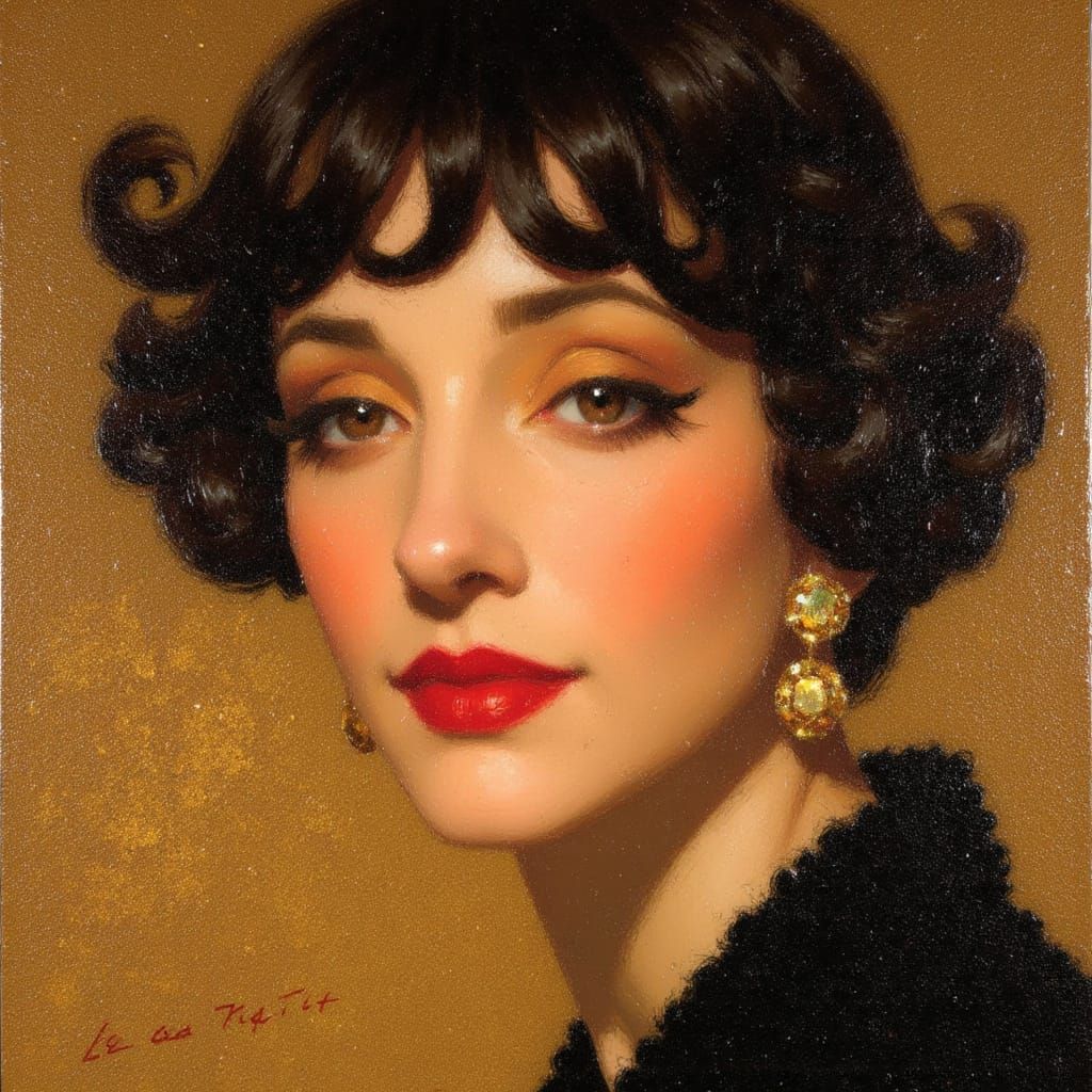 1920s Flapper Portrait in Art Deco Oil Painting