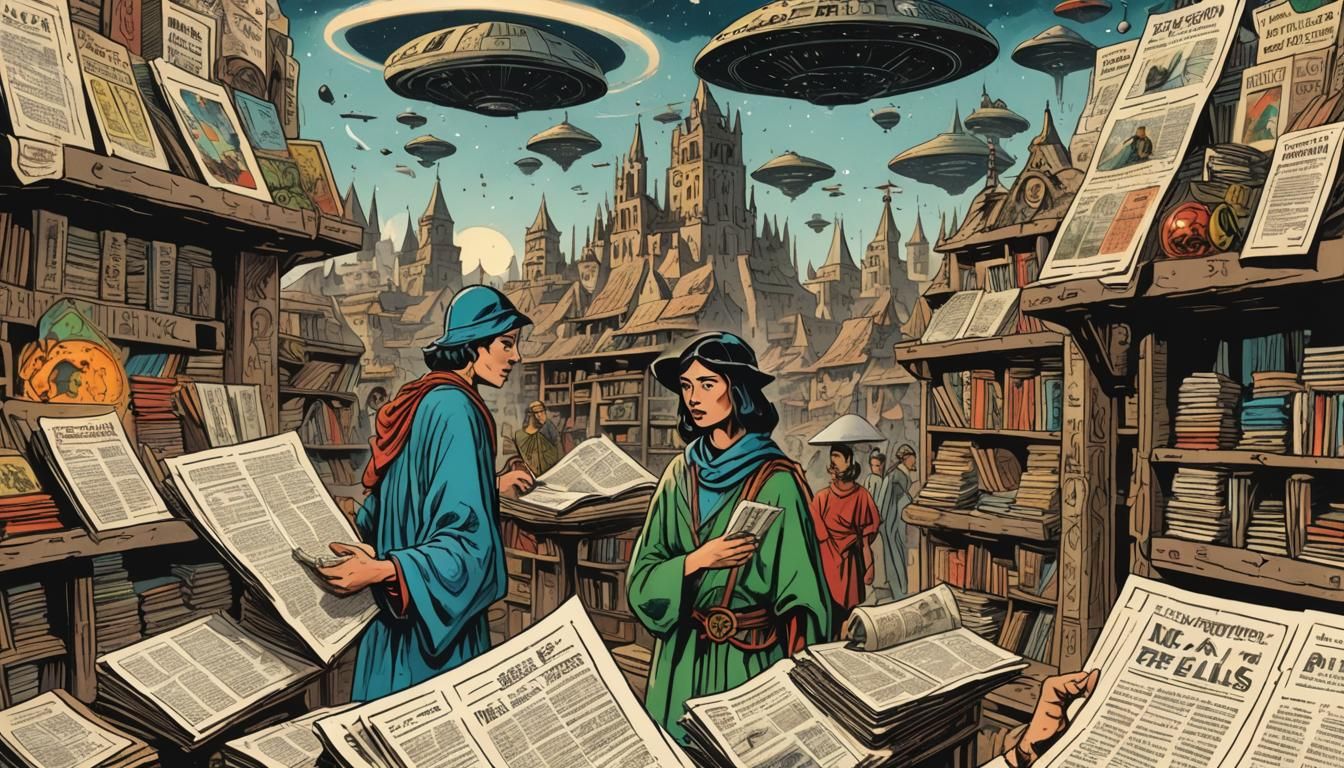 Retro-Futuristic Comic Art with Magic Manuscript
