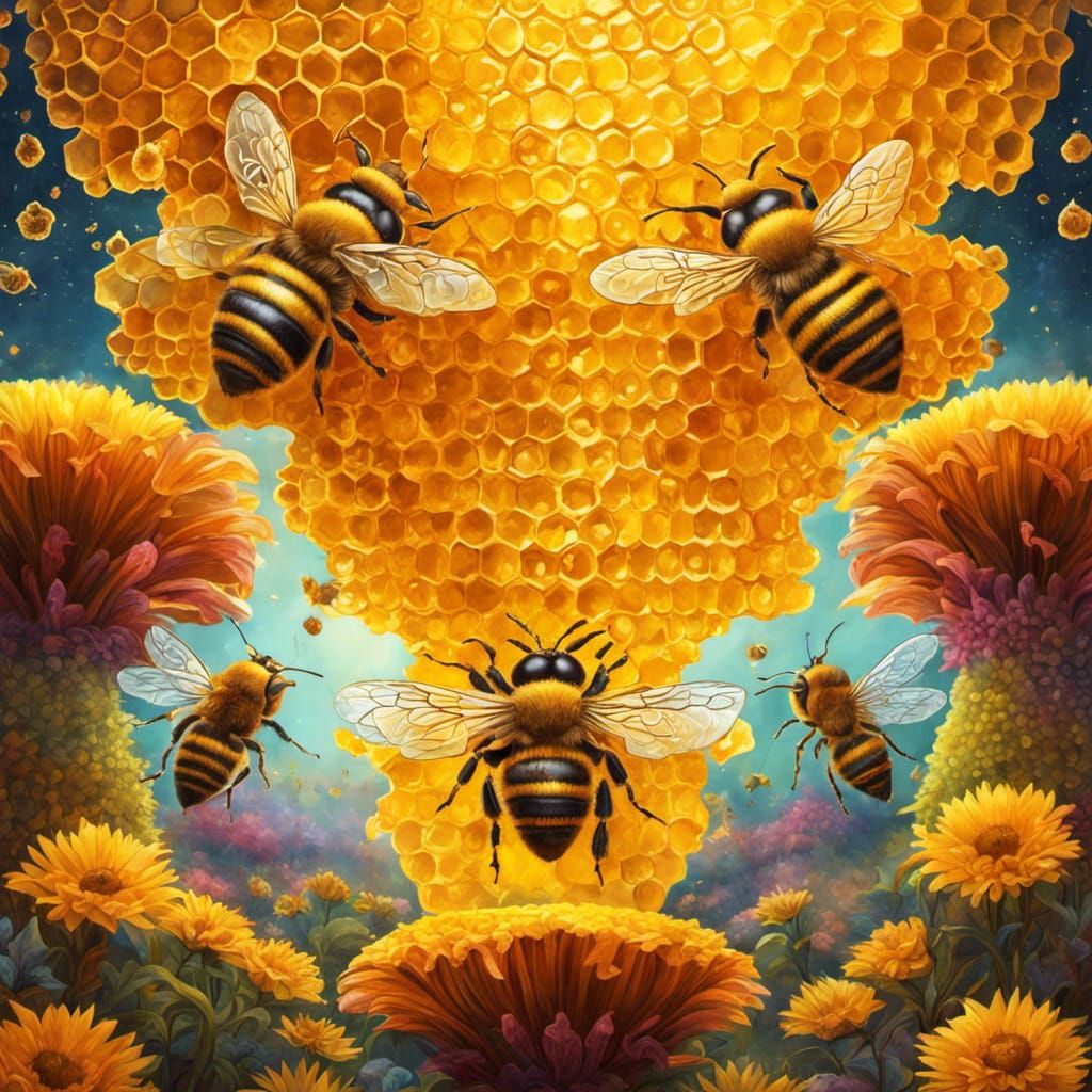 Detailed Honeybees Building Honeycomb: Fantasy Art