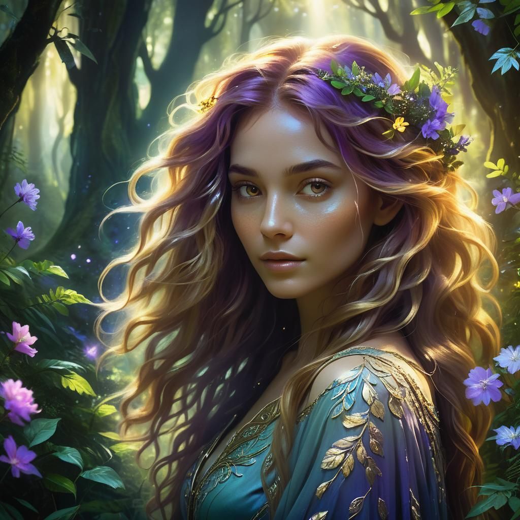 Ethereal Woman in Mystical Forest, Watercolor Style