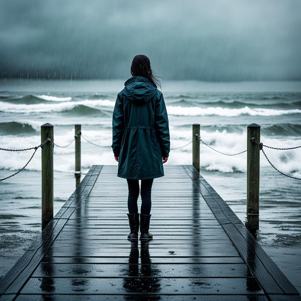 Lonesome Figure Watches Rain on Ocean Pier