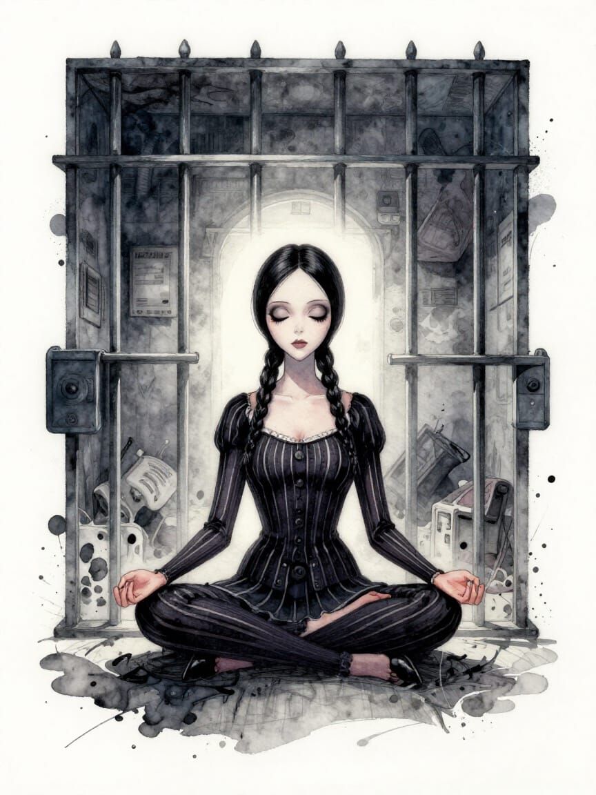 Wednesday Addams Meditating in Jail Cell Watercolour
