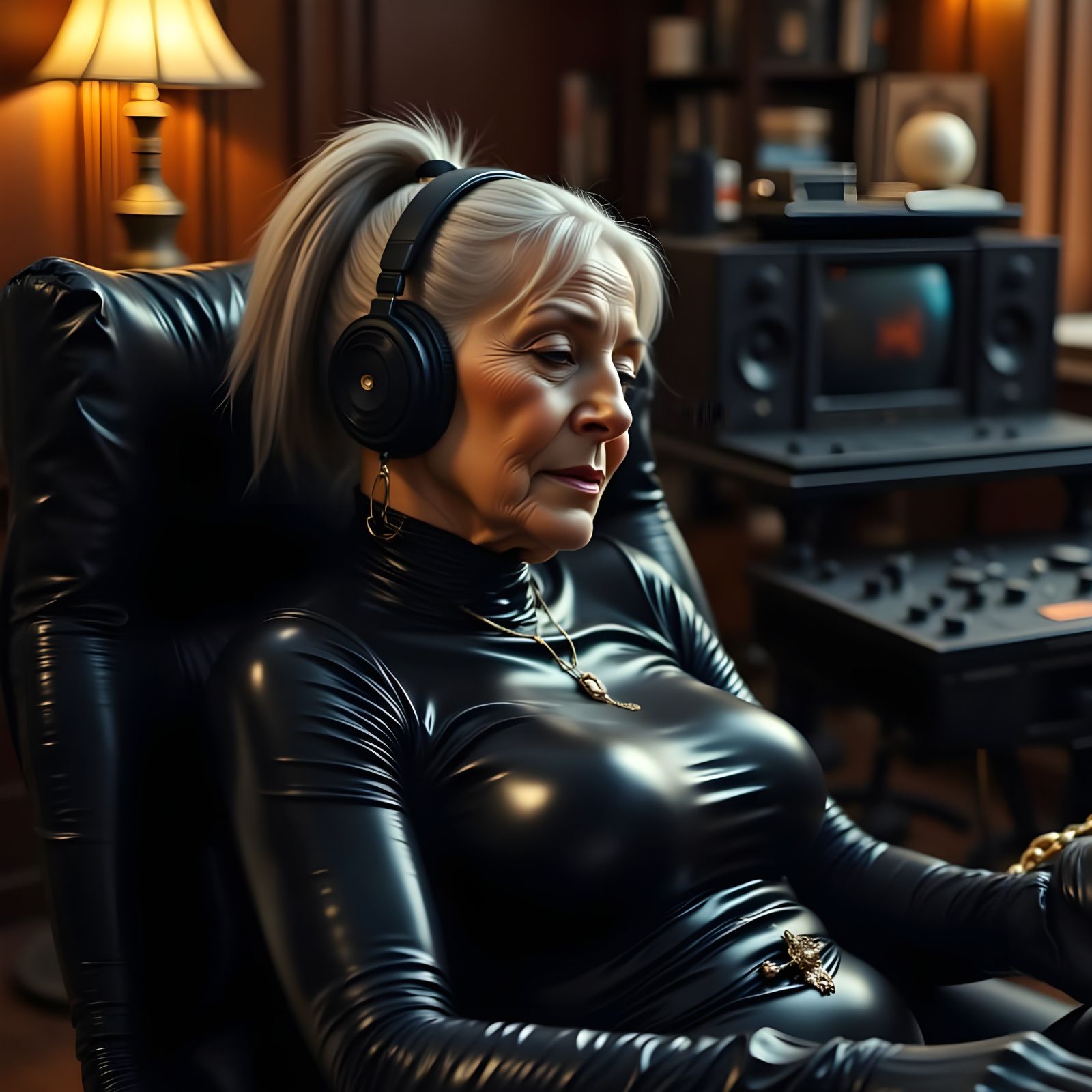 Elegant Woman Enjoys Music in Metallic Catsuit