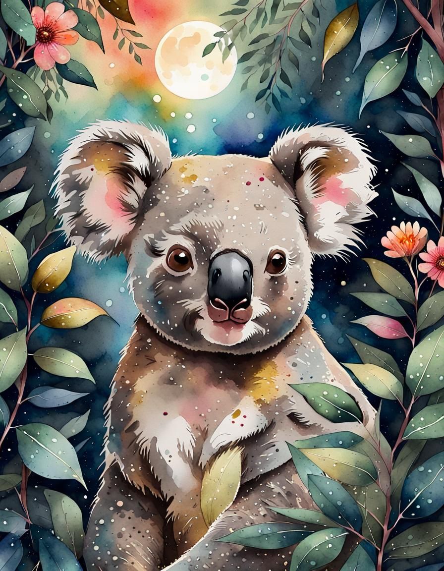 Whimsical Watercolour Koala Portrait in Moonlit Forest