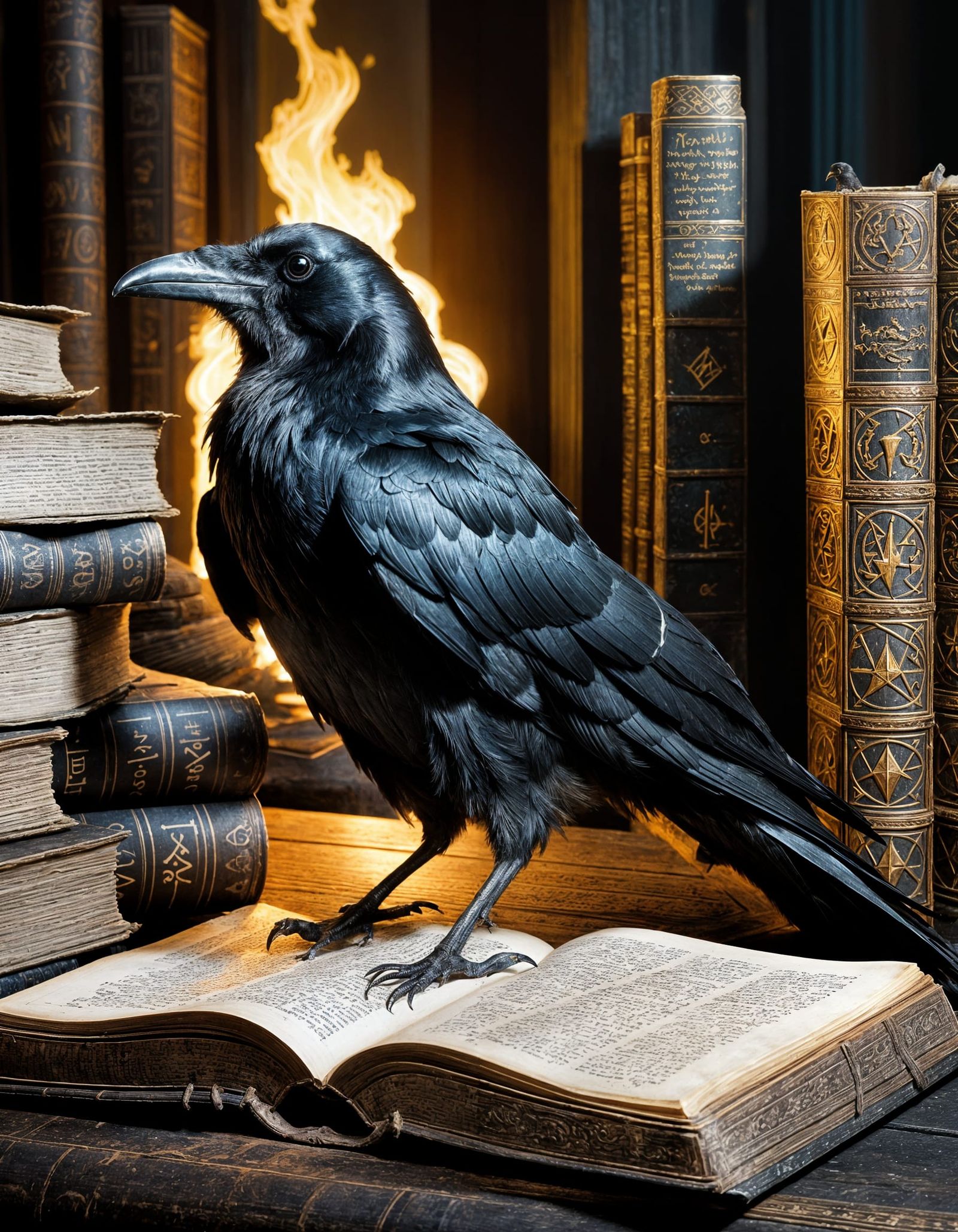 Audubon Raven Observes Ancient Tomes and Magic
