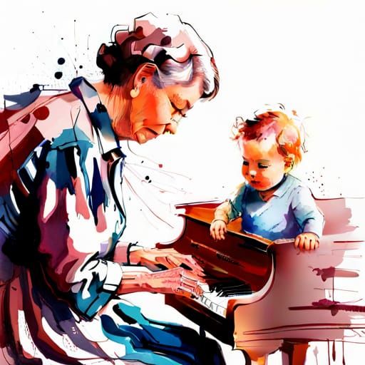 Grandmother and Toddler Play Piano: Hyperrealistic Portrait