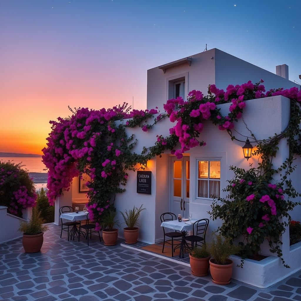 Greek Sunset Taverna in Vibrant Colors