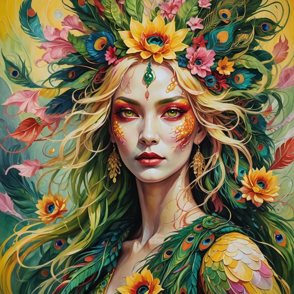 Surreal Dragon Peacock Woman in Oil on Canvas