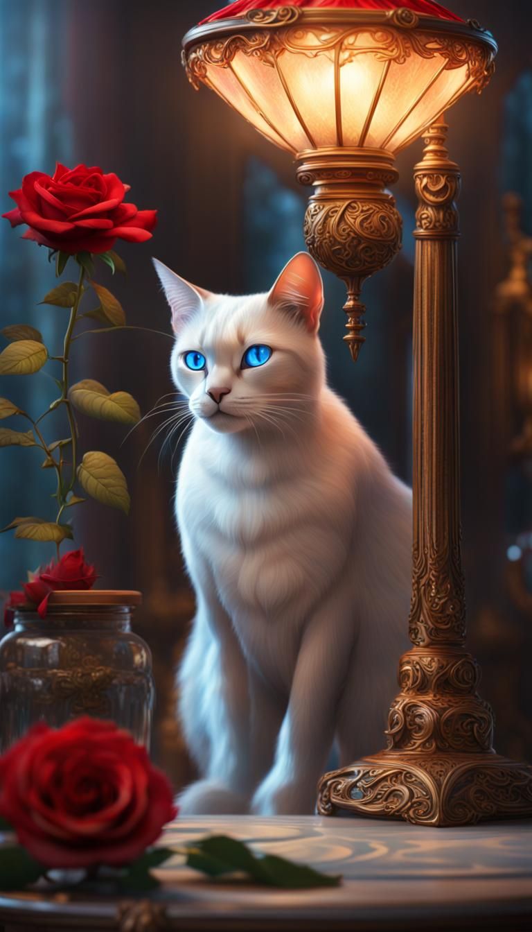 Siamese Cat Under Art Nouveau Lamp