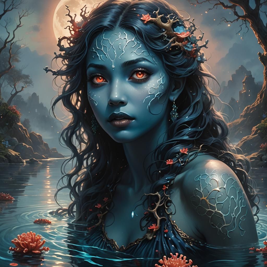 Coral Girl Drinking from Moonlit Lake in Ethereal Style