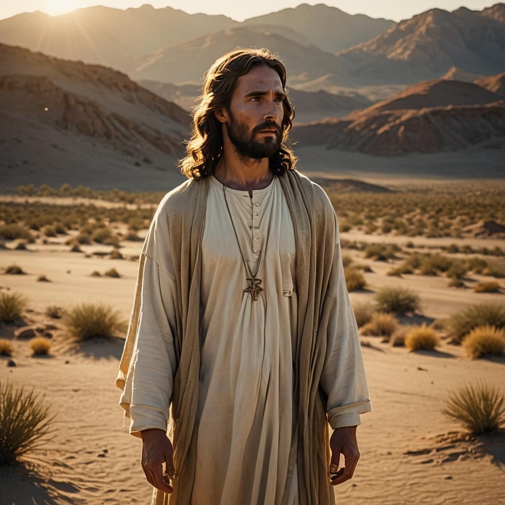 Jesus Christ in Desert Landscape: Cinematic Film Still