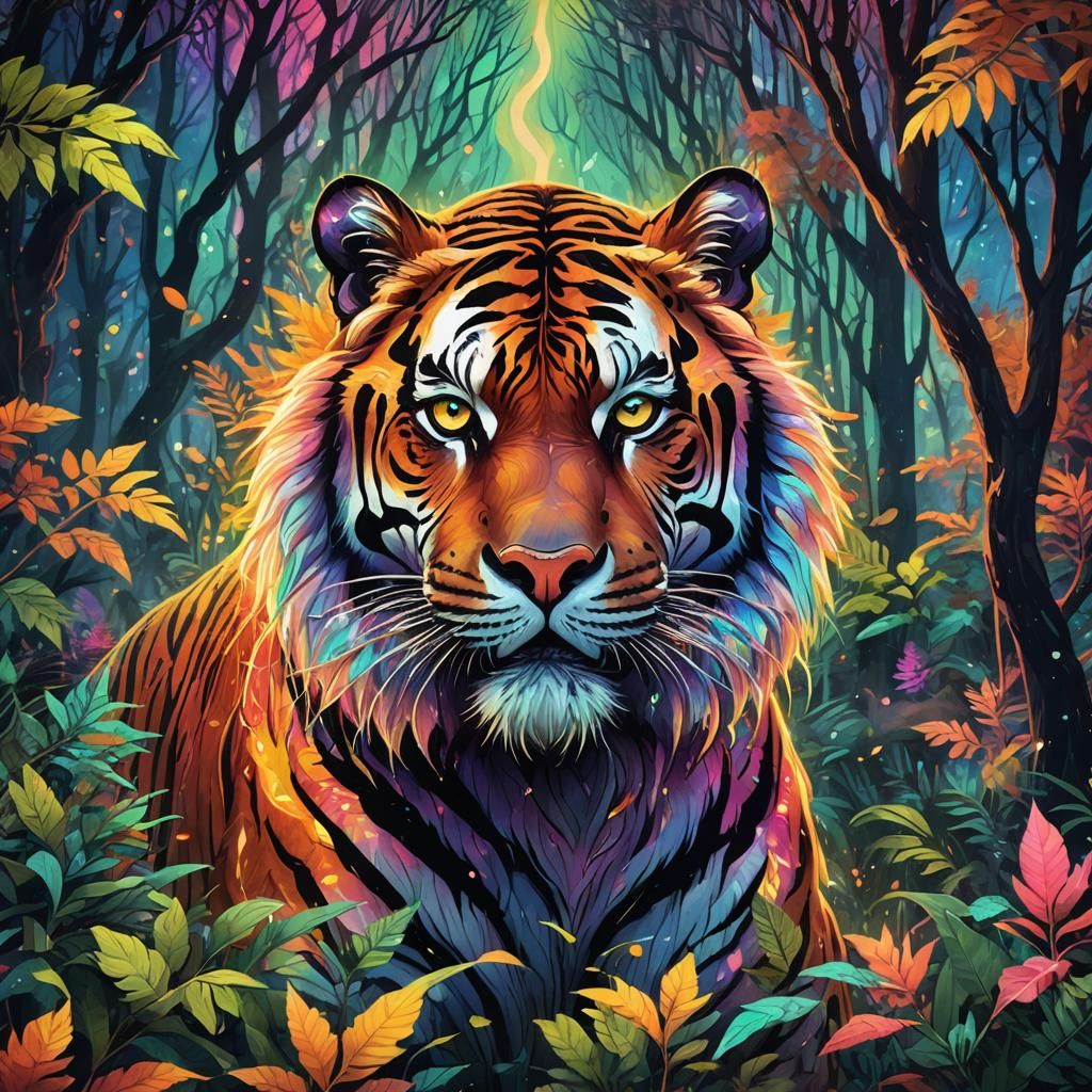 Psychedelic Cosmic Tiger Portrait in Neon Forest