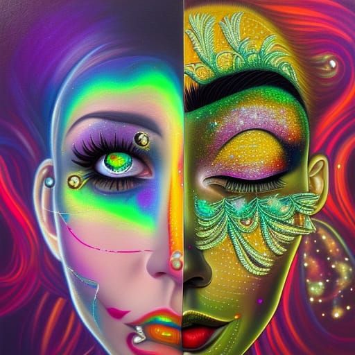 Psychedelic Woman's Face with Gems and Neon Accents