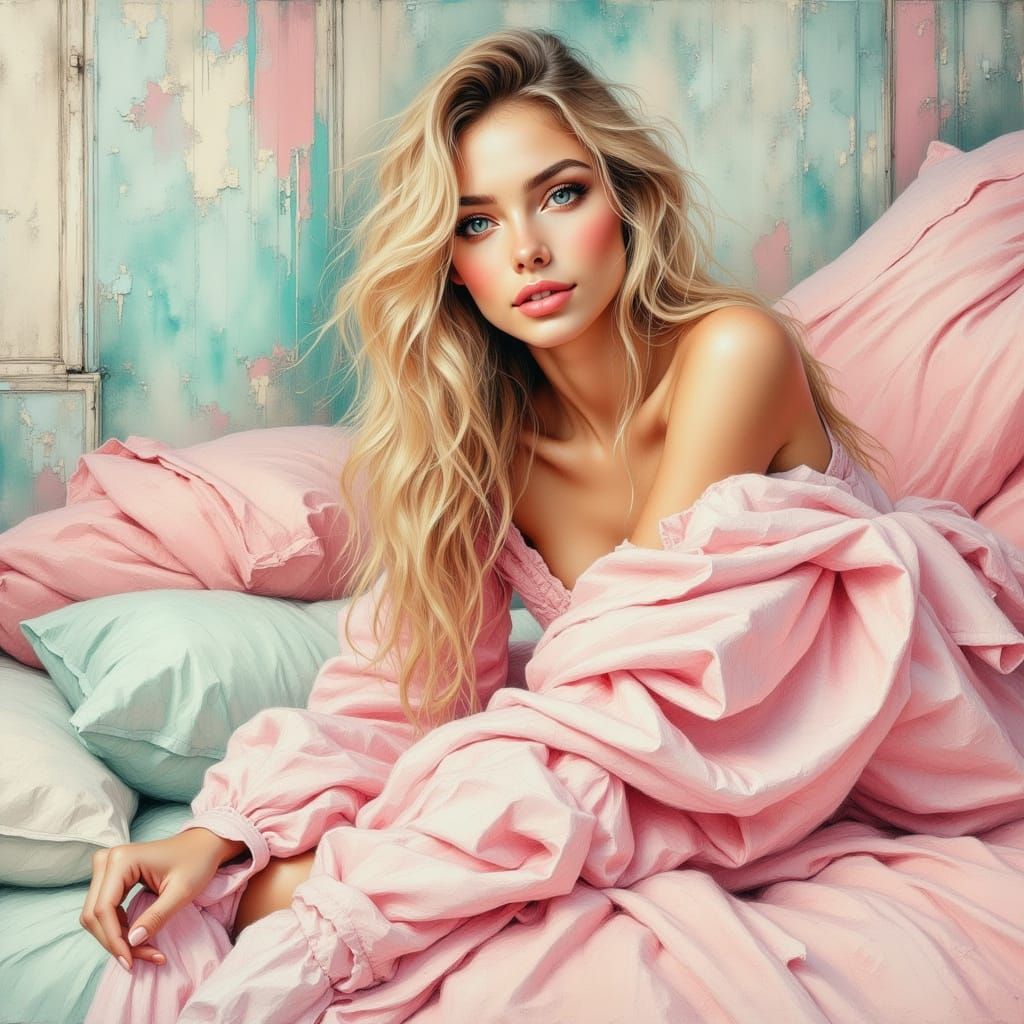 Blonde Woman on Pastel Bed in Contemporary Figurative Style