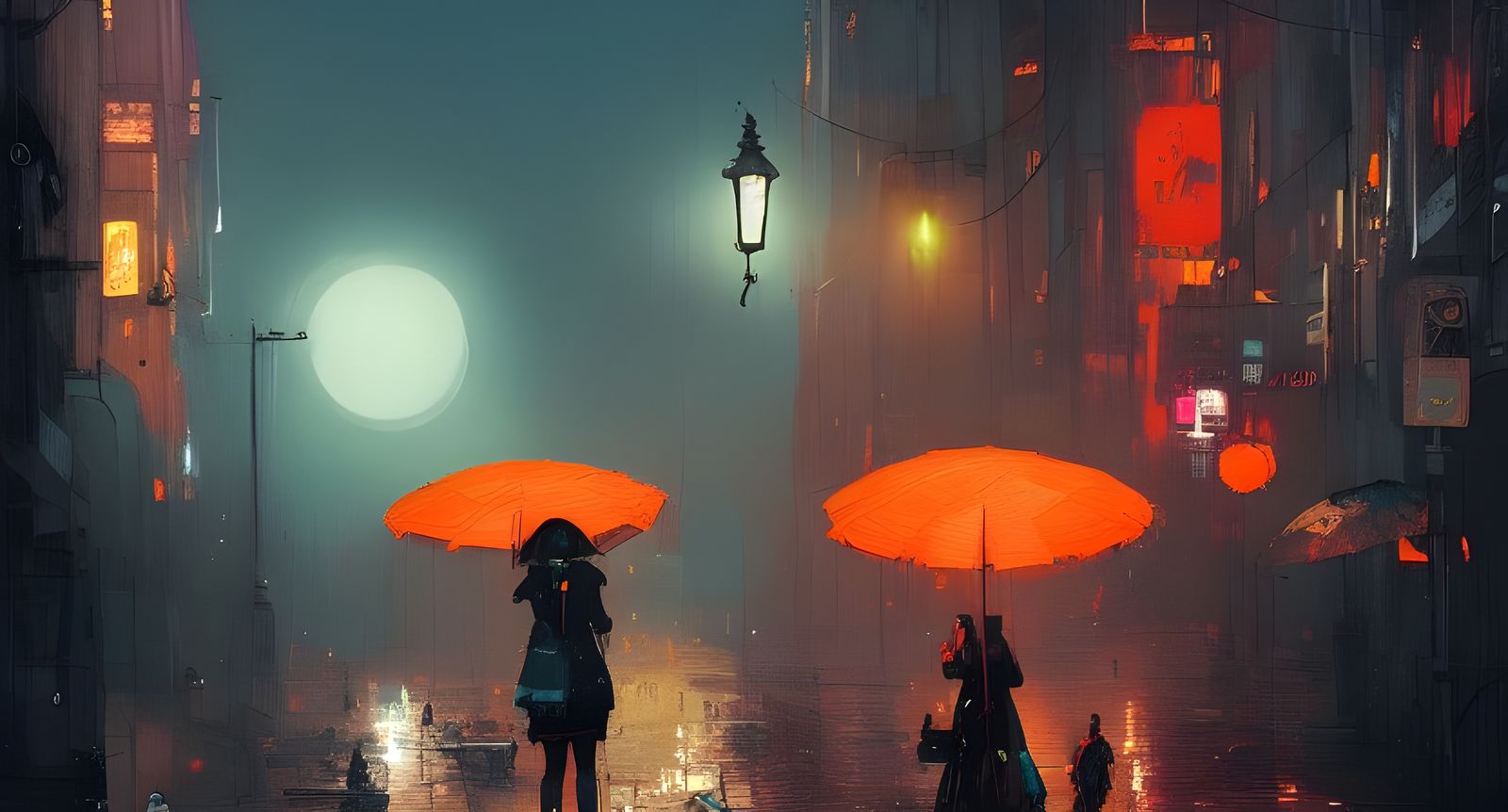 Girl with Orange Umbrella in City Center, Fantasy Art