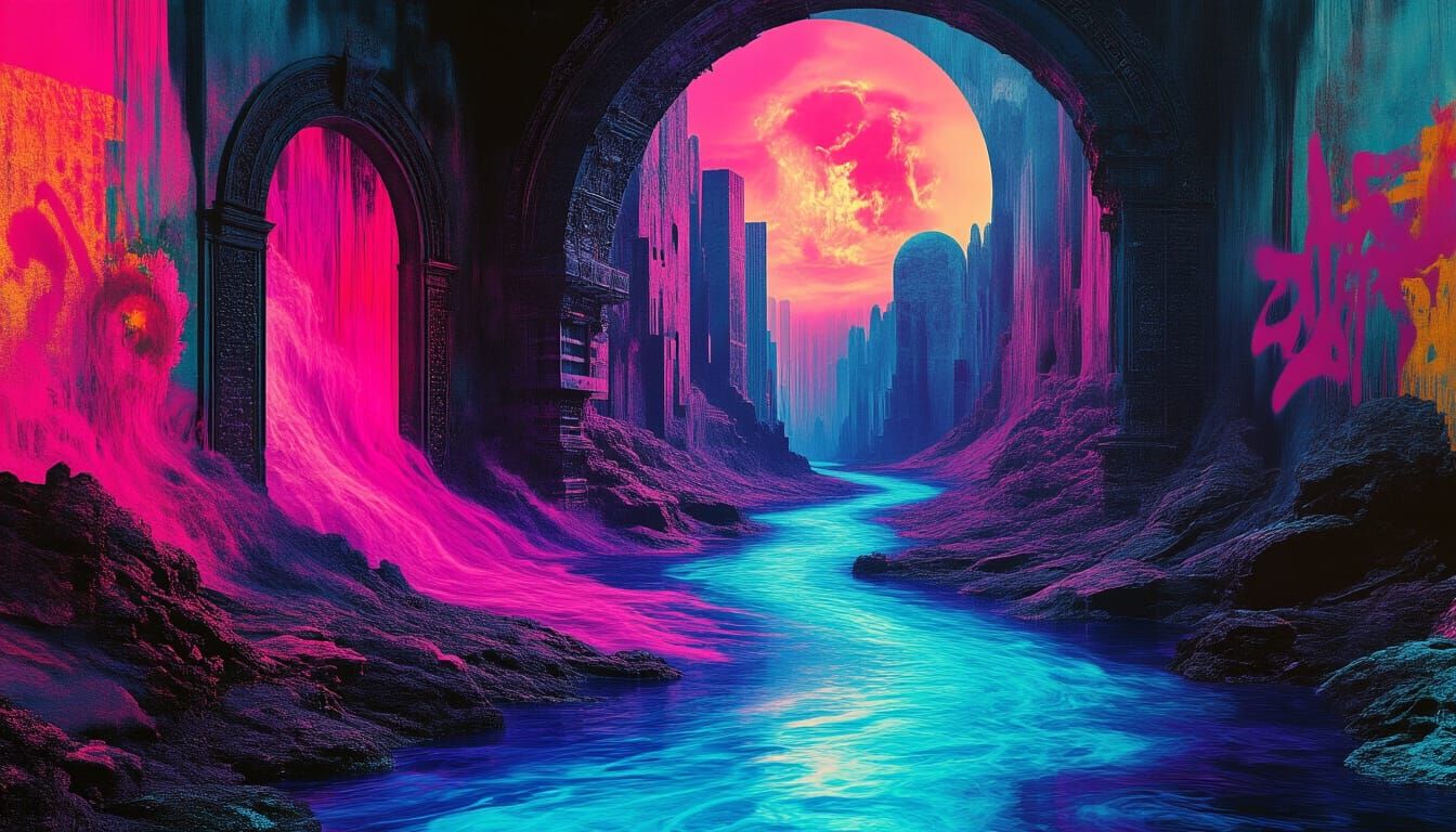 Surreal Collage: Acid Trip River & Graffiti Art