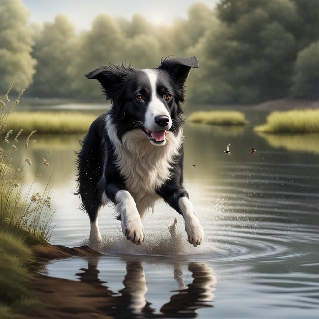Border Collie Mix Plays by Lake: Photorealistic Image