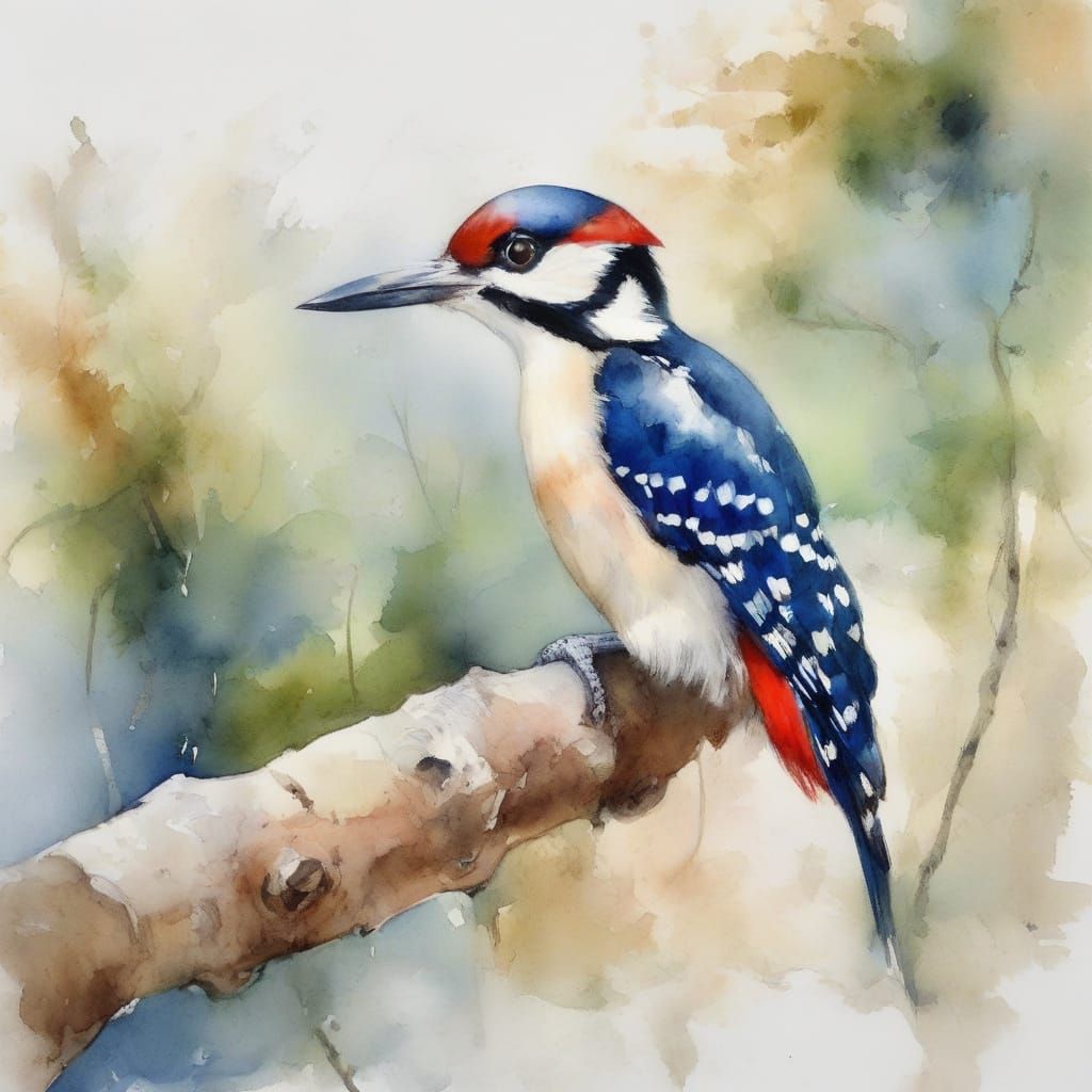 Watercolor Woodpecker Painting with Expressive Brushstrokes