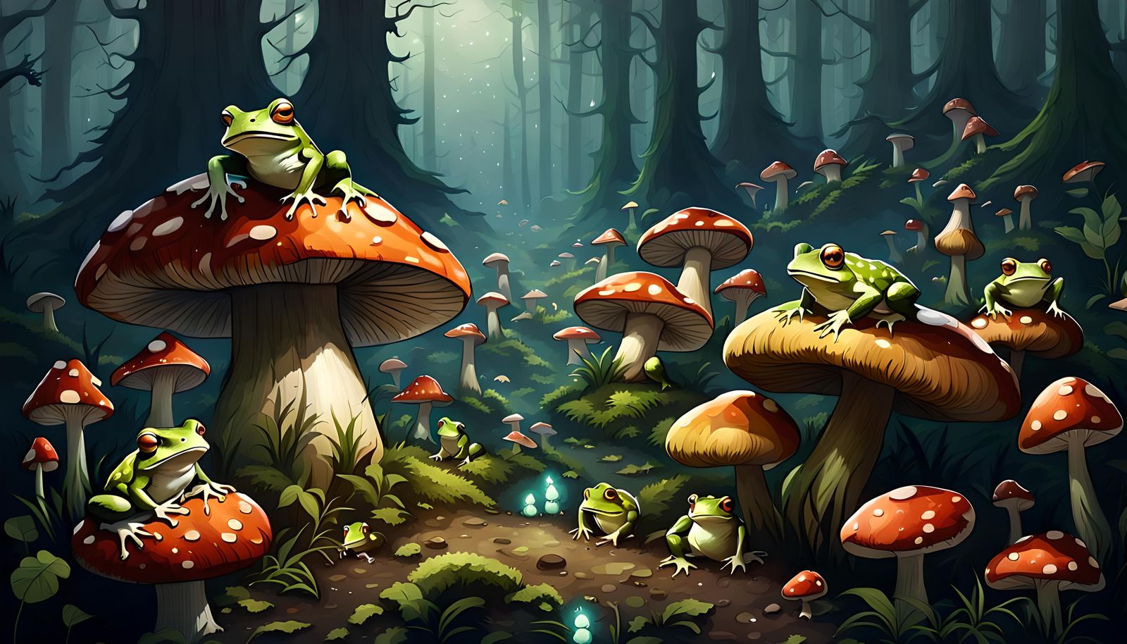Toads and Frogs in a Mushroom Forest
