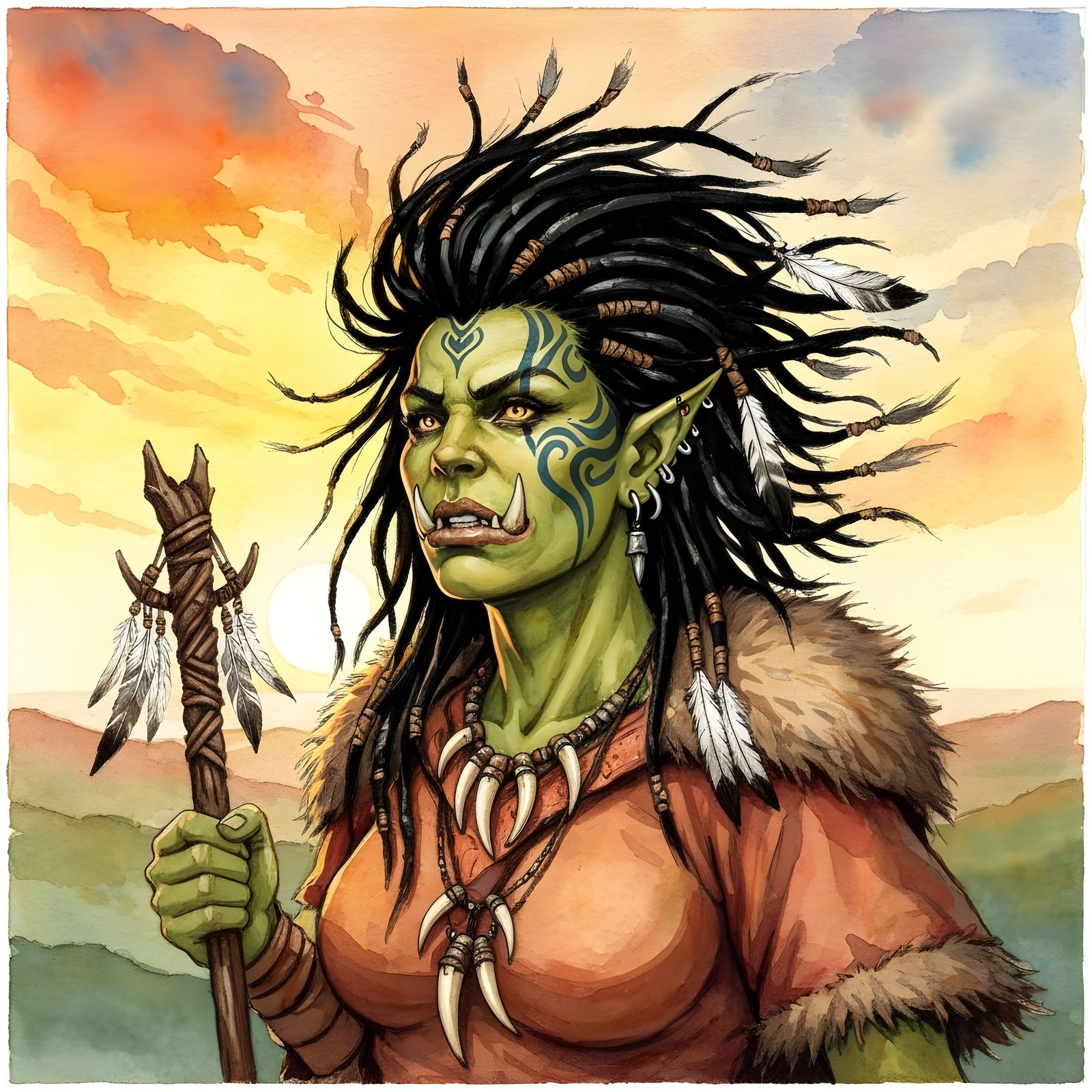 Watercolor Portrait of a Female Orc Shaman at Sunrise