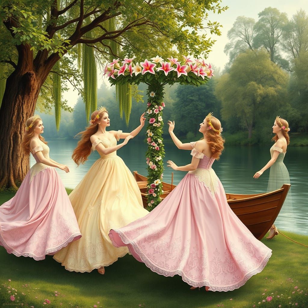 Ethereal Princesses Dance Round a Maypole in a Pre-Raphaelit...