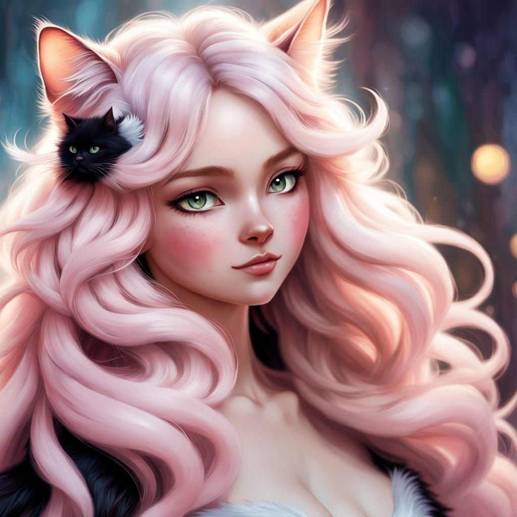 a cat-like Lady Ethereal has a chubby and voluptuous body with light pink fur. Her long, drooping hair and the tips of h...