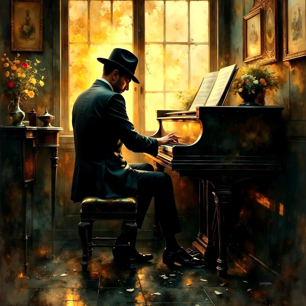 Piano Man in Cozy Pastel Watercolor Style
