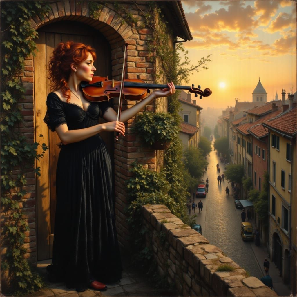 Woman Violinist on Balcony Overlooking Village at Sunset