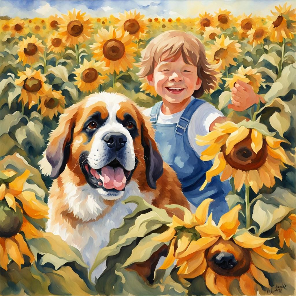 Children and Puppy in Sunflower Field, Gouache Watercolor